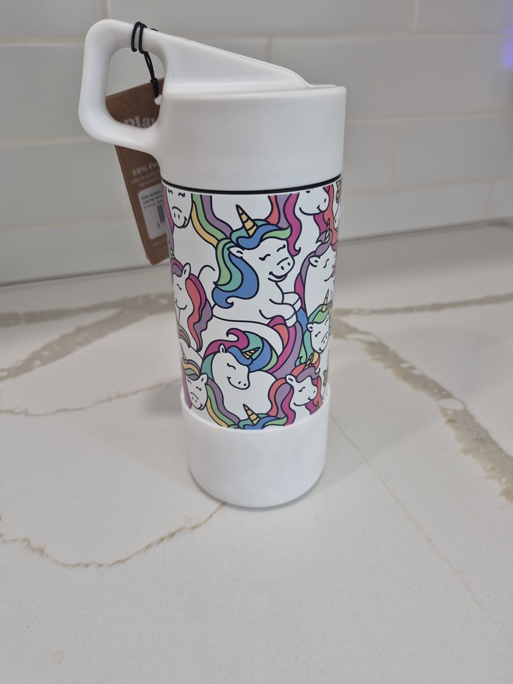 Life Is Good White Unicorn Print Water Bottle - Rainbow Mane Design